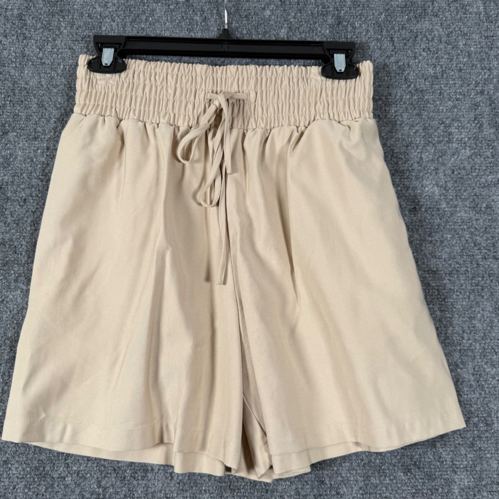 Ophelia Roe Smocked Waist Shorts Casual  Chic Drawstring Beige Size S Boho Flowy